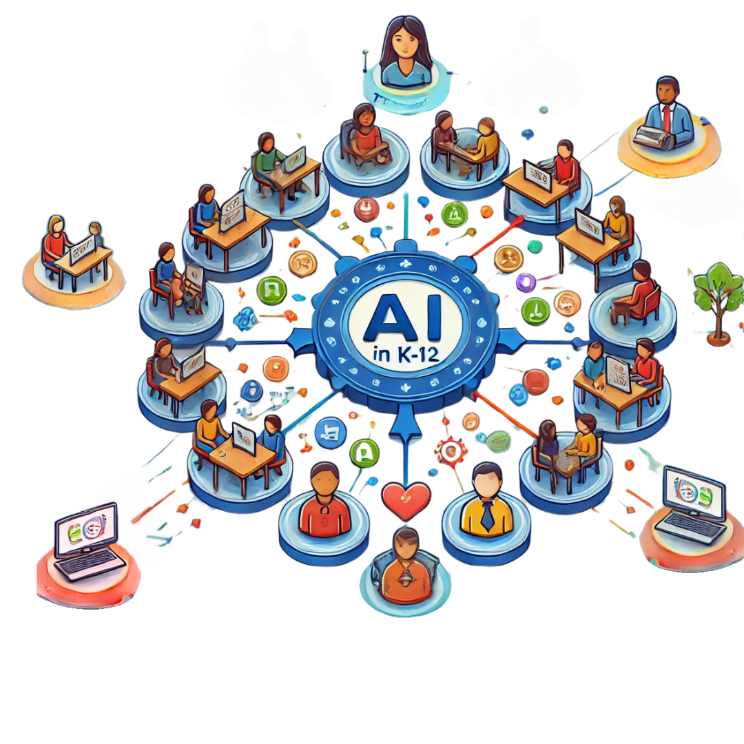 The text "AI in K-12" surrounded by images of various connected stakeholders engaged in a variety of activities.