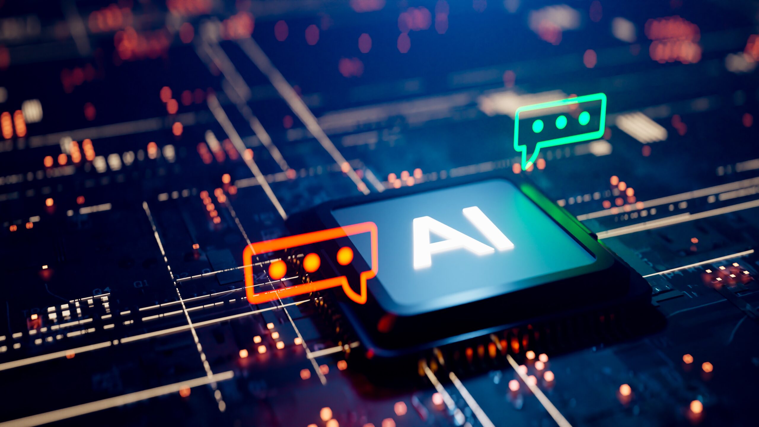 Circuit board with a chip displaying "AI" and speech bubbles, symbolizing artificial intelligence communication.