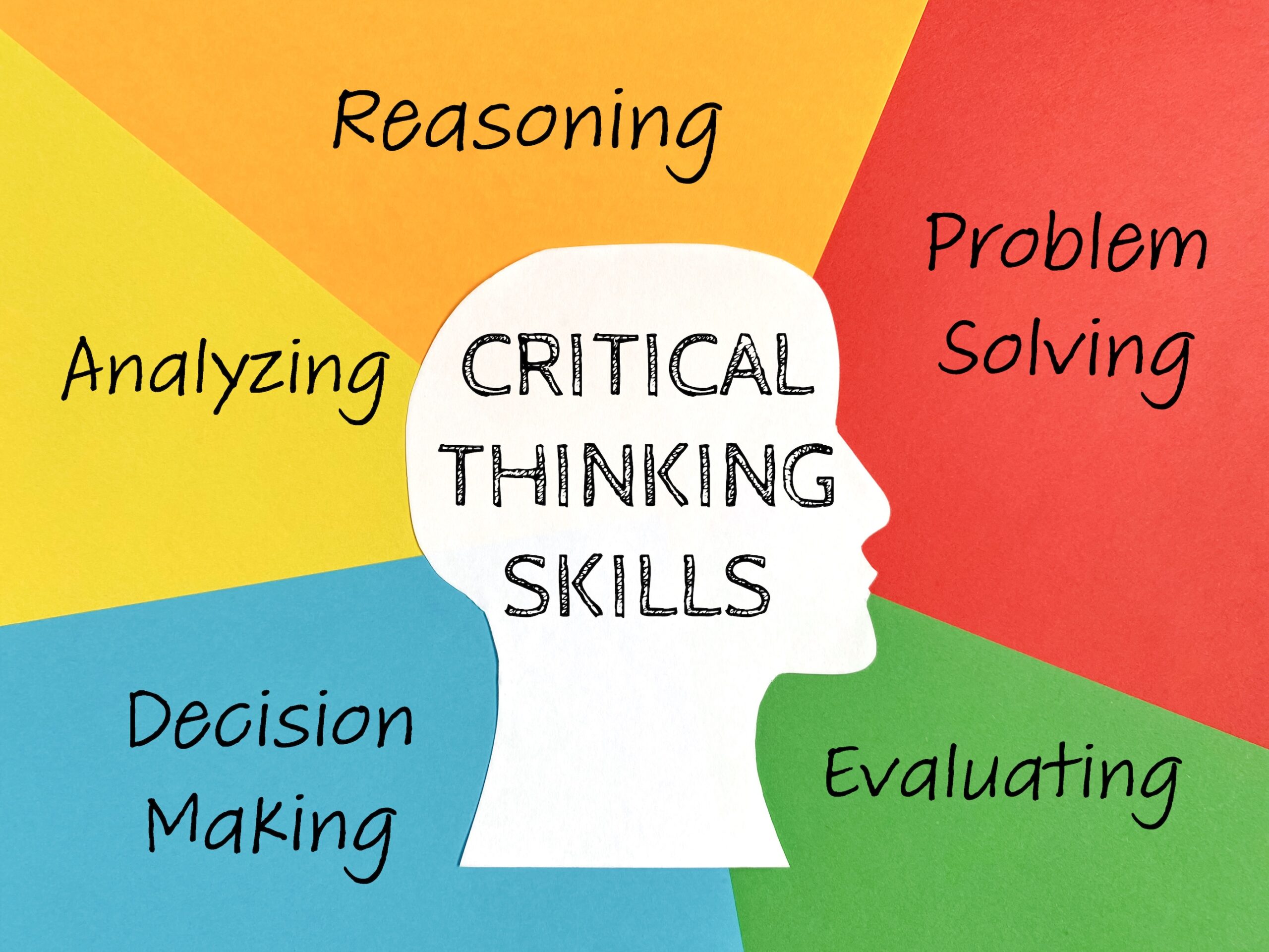Illustration of a white head silhouette divided into sections labeled "Analyzing", "Critical Thinking Skills", "Problem Solving", "Decision Making", and "Evaluating".