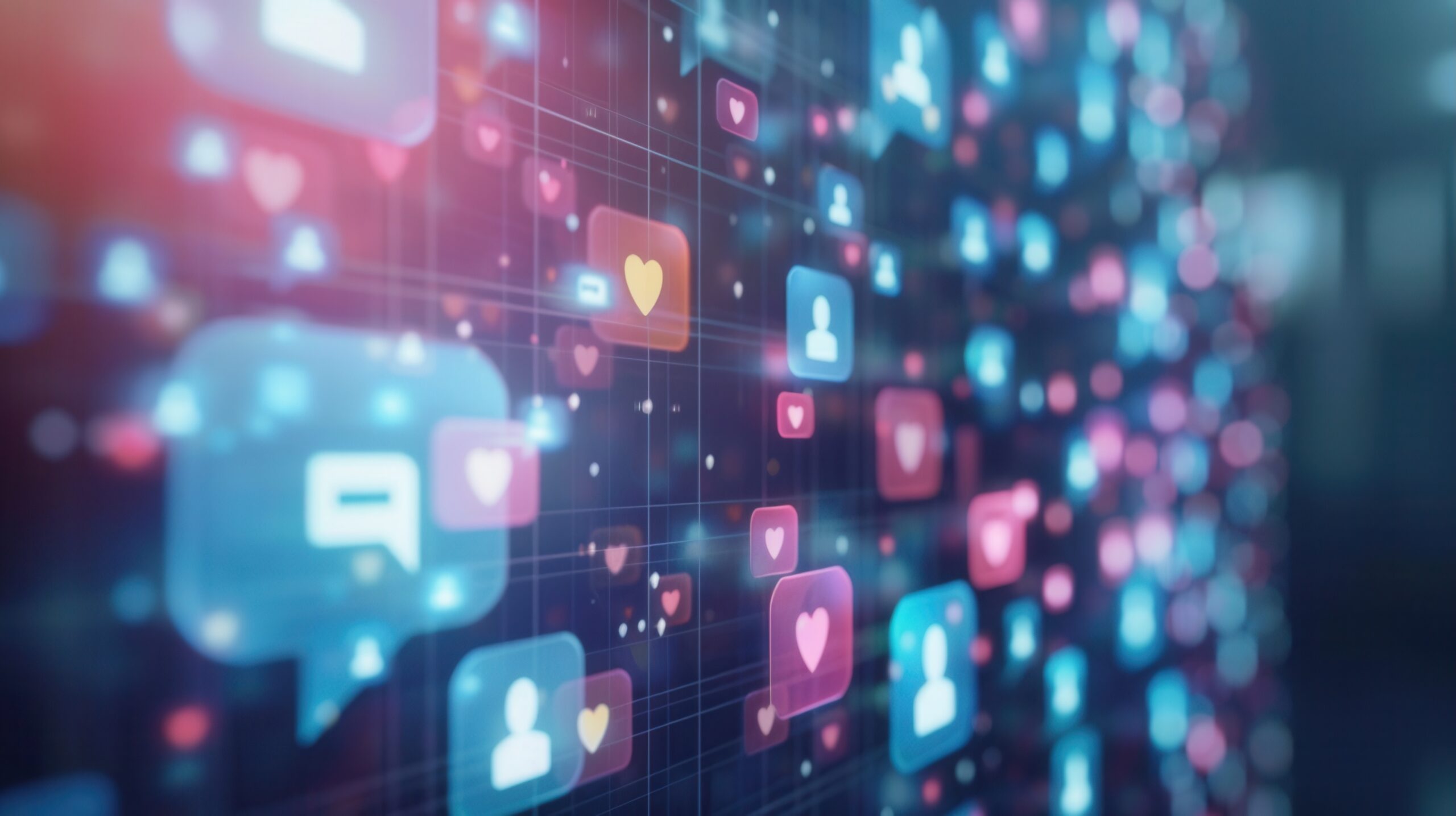 A vibrant background featuring social media icons like hearts, comments, and profile pictures. Ideal for promoting advertising agencies, digital marketing, and online campaigns.