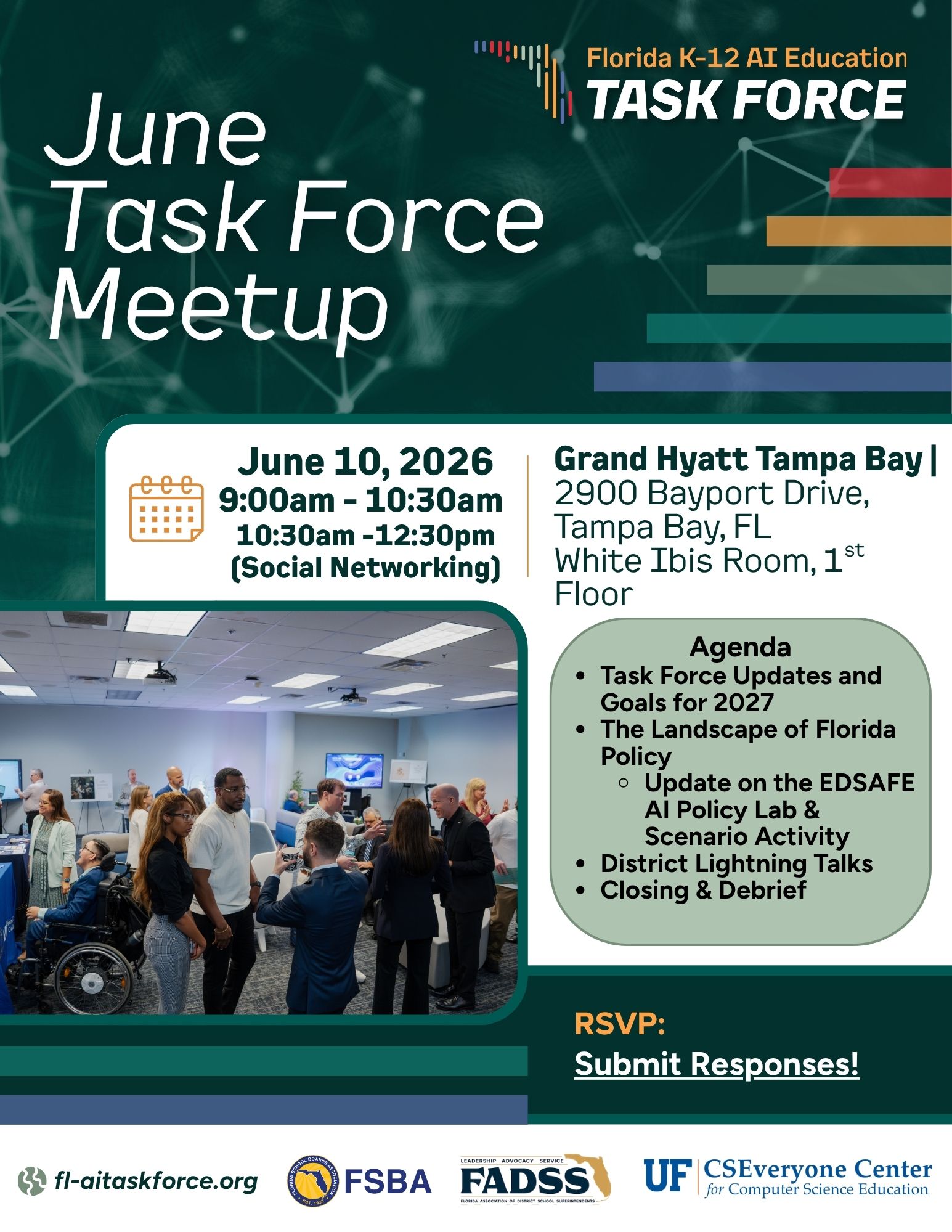 Florida K-12 AI Education Task Force June meetup poster. Date: June 10, 2026. Location: Grand Hyatt Tampa Bay. Agenda includes updates and policy discussion.